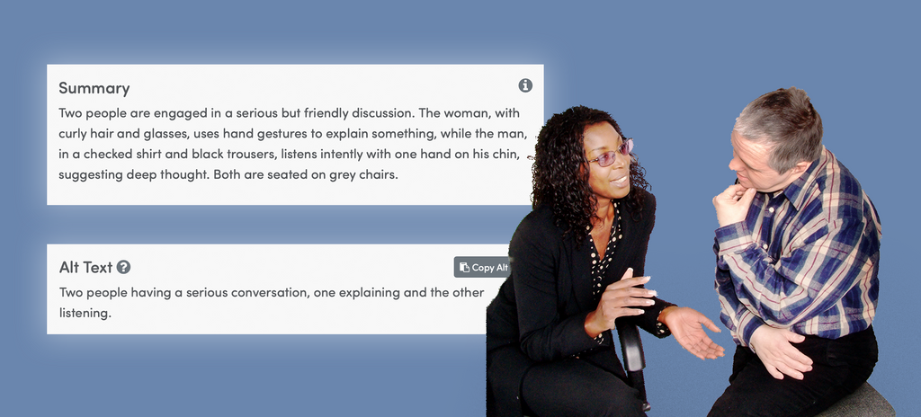 On a blue background there is an image of a man and a woman having a conversation. Behind them are two text boxes, one is a 50 word summary describing the image, the other is a sentence of suggested alt text for the cutaway image of two people.