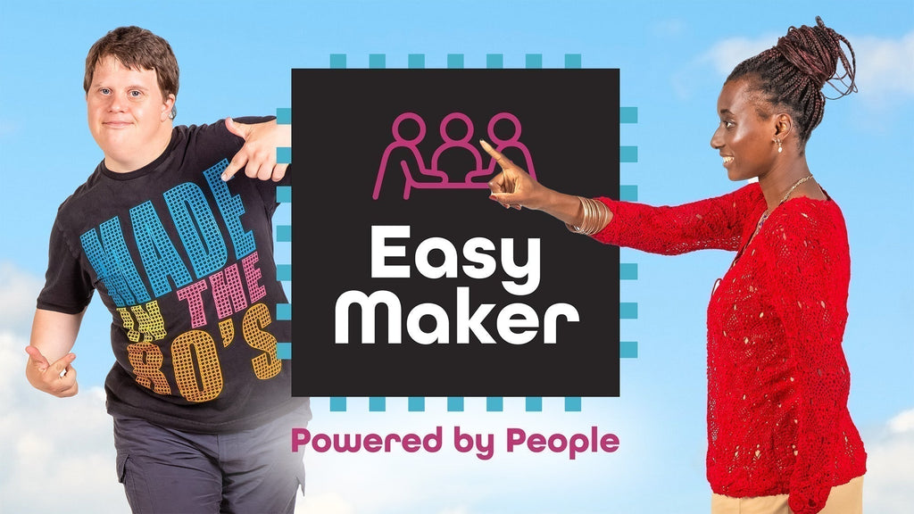 A logo 'EasyMaker - Powered by People' with a man and a woman either side, the background is a light blue sky with clouds.