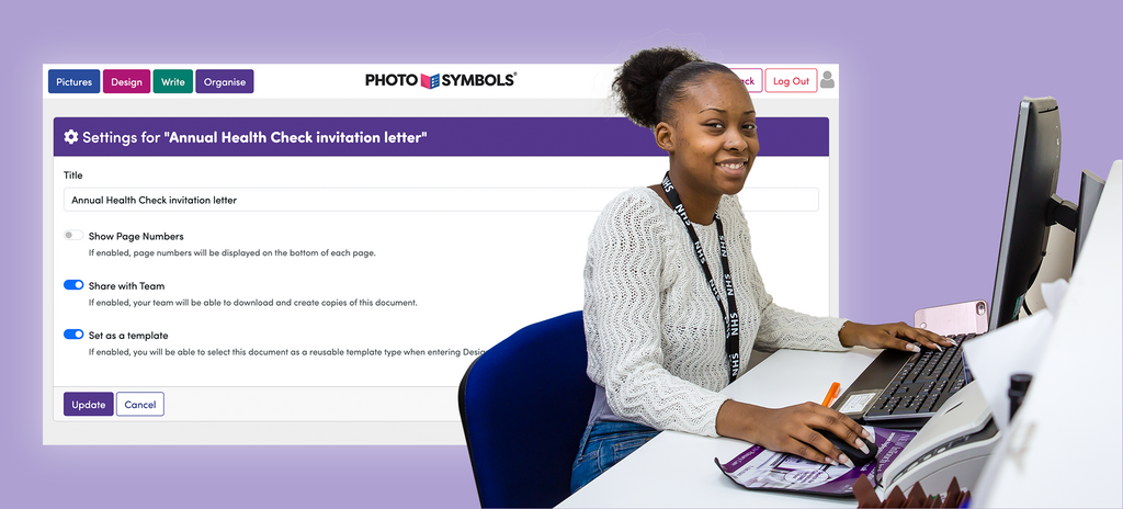 A person with an NHS lanyard is smiling and working on a computer. Behind them is a control panel entitled Settings for "Annual Health Check Invitation letter". There are toggle options for Show Page Numbers, Share with Team and Set as template 