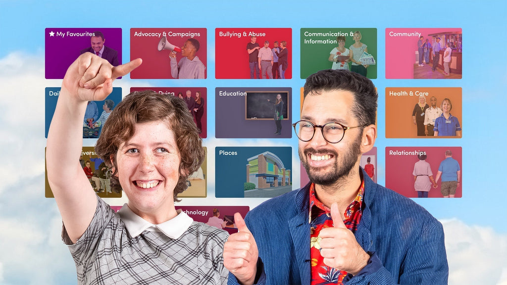 Two smiling people in front of a colourful grid of themed categories, with one pointing up and the other giving thumbs up.