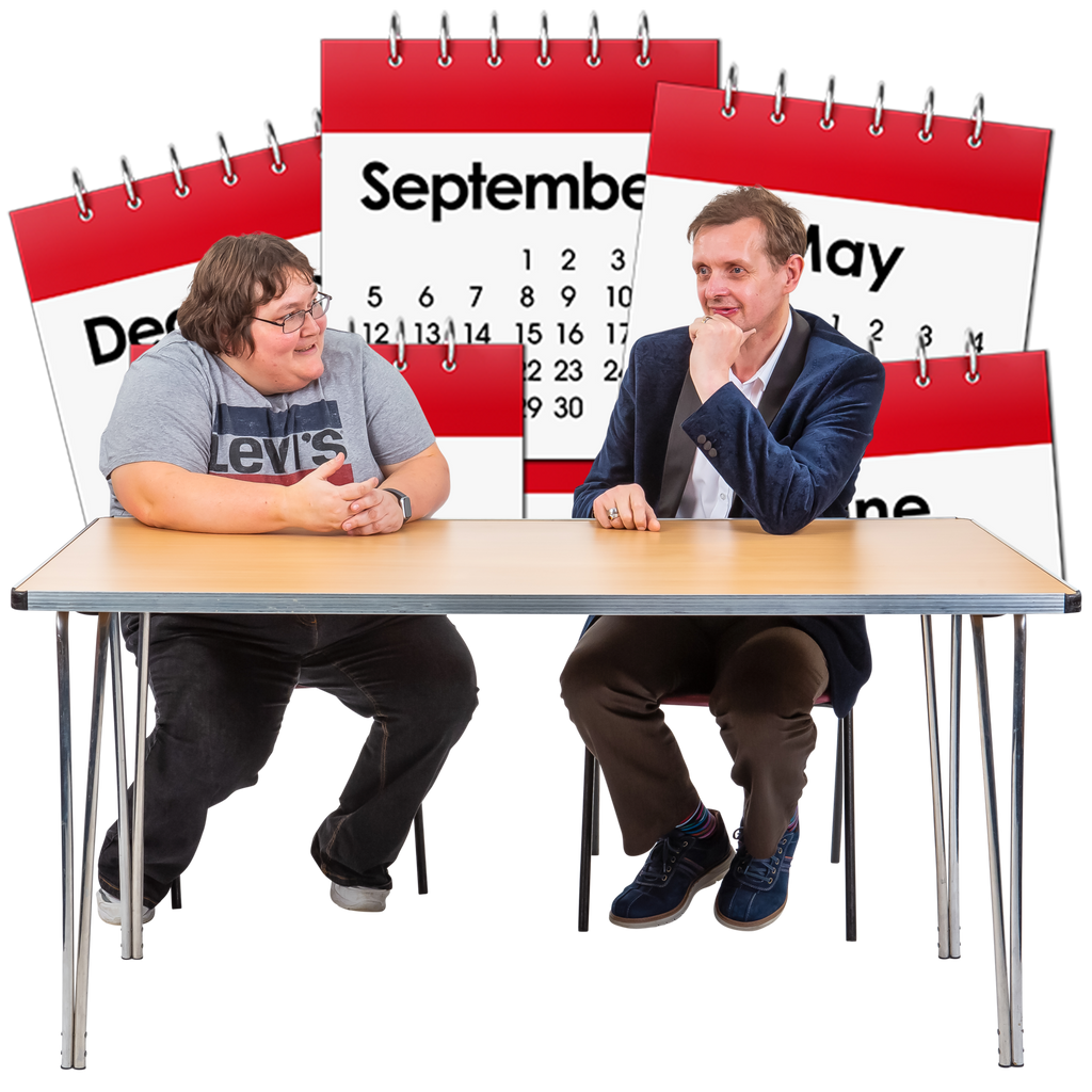 Two people sit at a desk thinking and discussing something, with calendars behind them depicting months to show they are planning ahead.