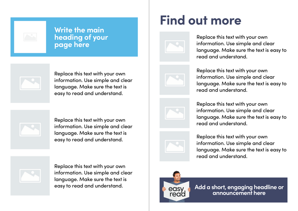 A template for an Easy Read document showing clear layout with placeholders for headings, images and text.