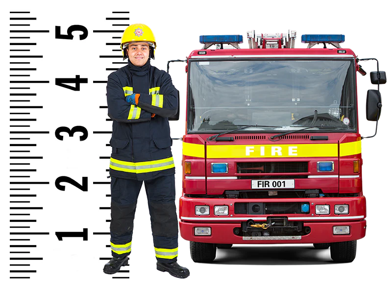 An image of a firefighter and fire engine are shown next to a ruler marking that the image is 5 cm in height.